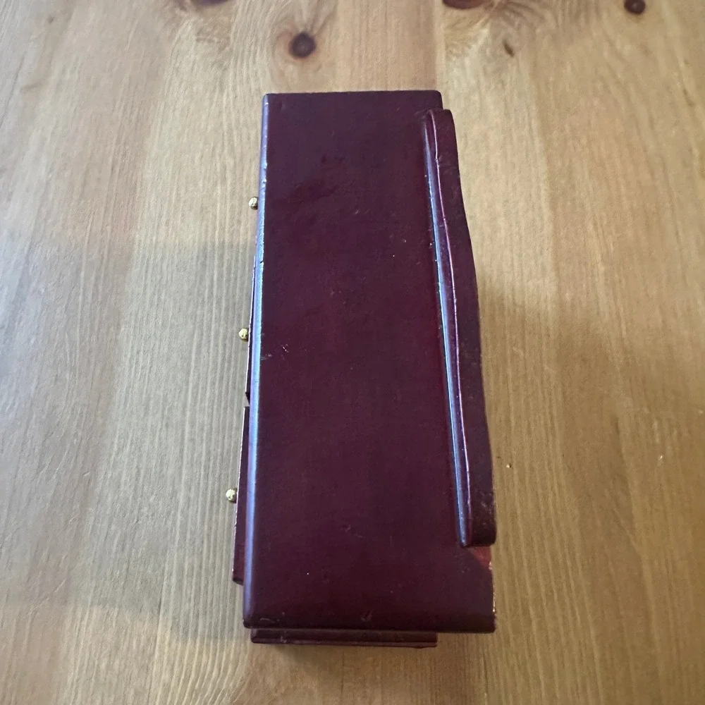 Vintage Miniature Wooden Dresser Jewelry Box Burgundy 3 Drawer Gold Knobs